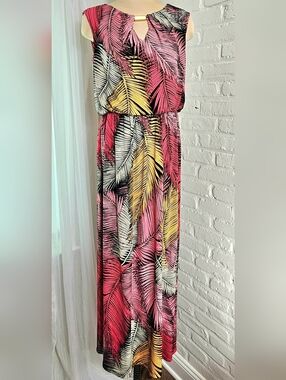 London Times Tropical Palm Print Maxi Dress Size 10 Pink Black Yellow Side Slit